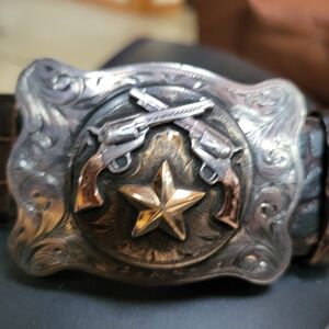 Sterling Silver and 14k Buckle Western Belt Buckle Hand Engraved